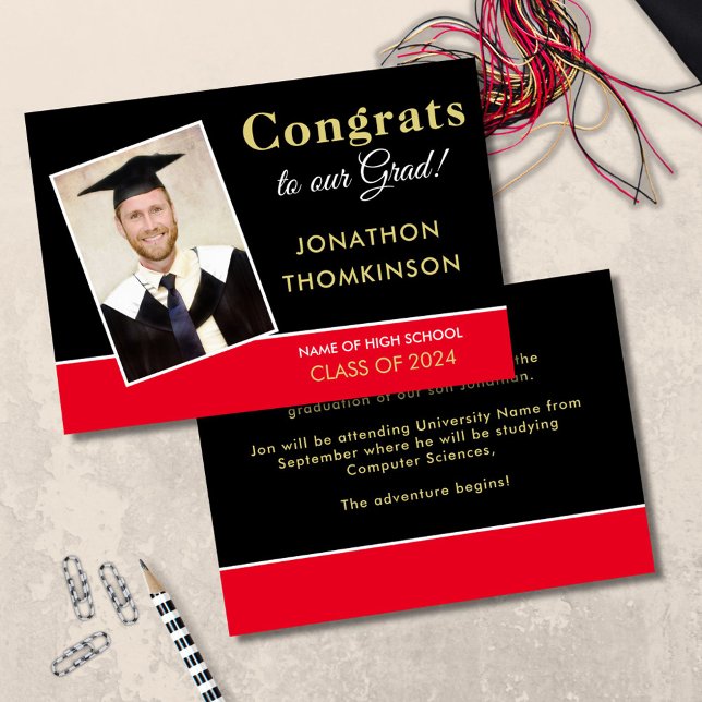 Anuncio Graduación de Grad Photo Gold Black Red 2025 (front and back view)