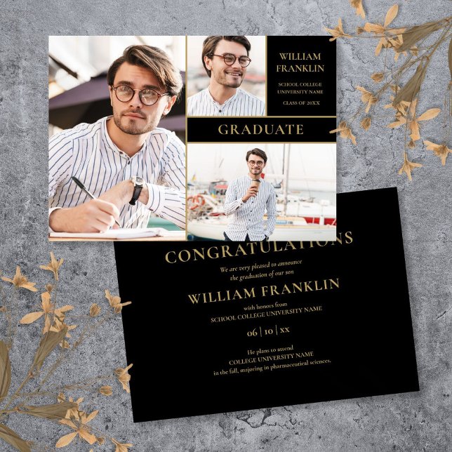 Anuncio Graduación De Graduación De Collage de fotos De Gr (Graduate Black And Gold 3 Photo Collage Graduation Announcement)