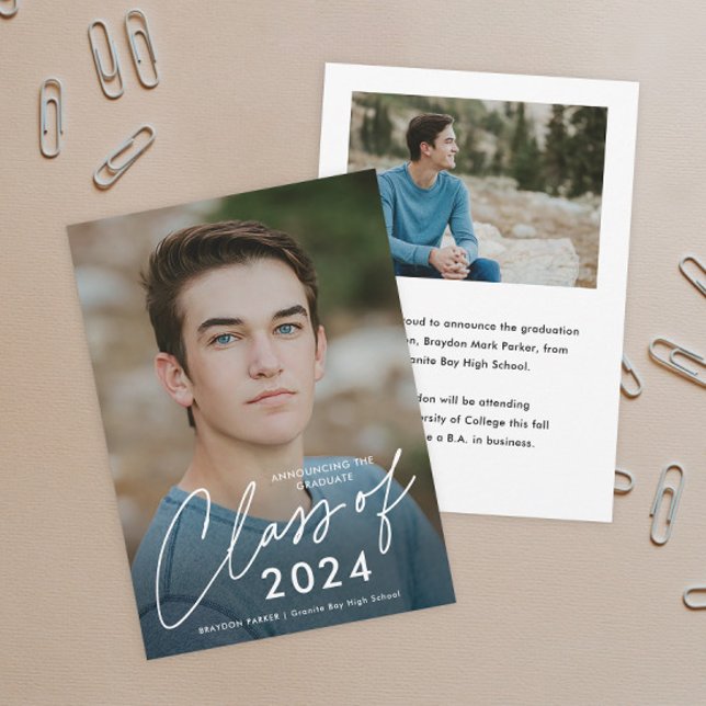Anuncio Graduación de imágenes de clase 2 (Simple handwritten script Class of 2024 photo graduation announcements.)