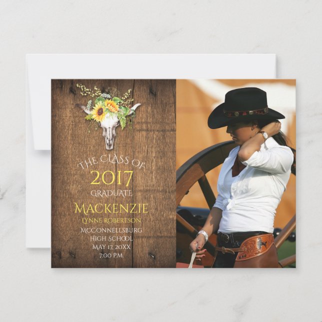 Anuncio Graduación de la foto del Boho Barnwood Sunflowers (Anverso)