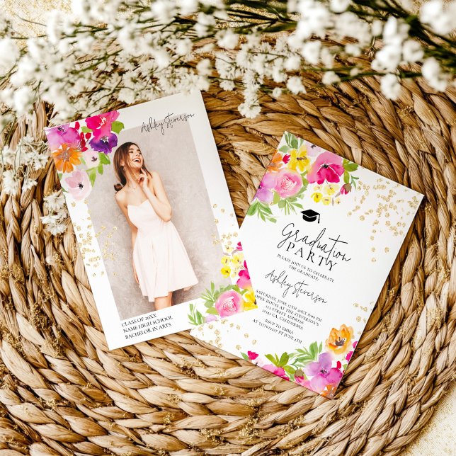 Anuncio Graduación de la foto del purpurina de oro con flo (Botanical floral Gold glitter photo graduation Announcement)