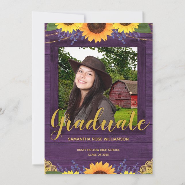 Anuncio Graduación de la foto Rustic Sunflower Purple Gold (Anverso)