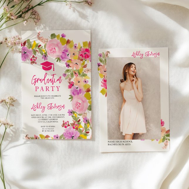 Anuncio Graduación de primavera de flores silvestres de ro (Bohemian pink roses wildflowers spring graduation announcement)