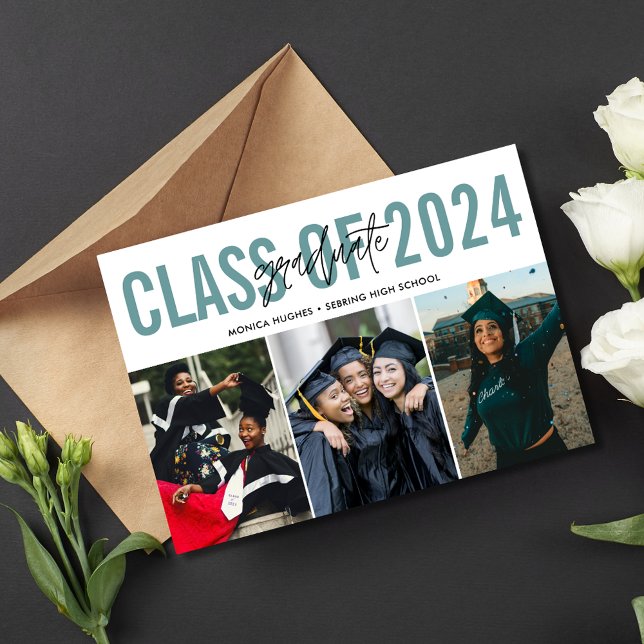 Anuncio Graduación de secundaria 3 Foto Verde azulada (High School Graduation 3 Photo Teal Announcement)