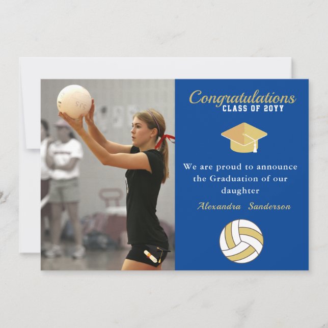 Anuncio Graduación de voleibol blanco azul y dorado (Anverso)