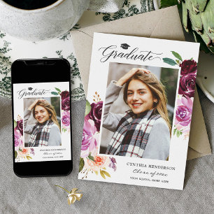 Anuncio Graduación del Chica floral púrpura de ciruela gra