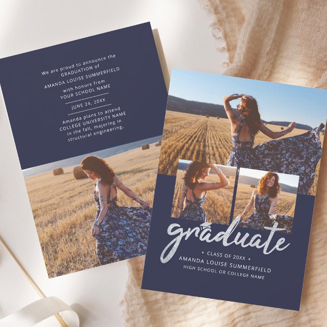 Anuncio Graduación del Collage de fotos de guiones de grad (Graduation 2025 Script Photo Collage Navy Blue Announcement)