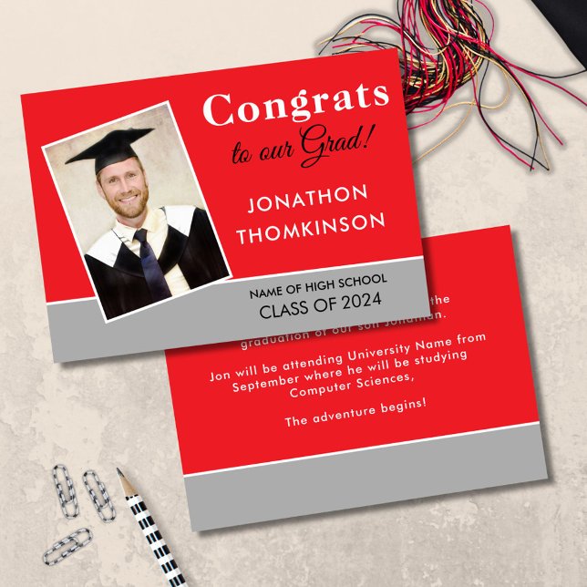 Anuncio Graduación del Grad Photo Red Silver 2025 (front and back view)