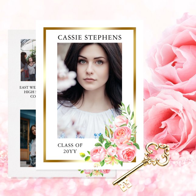 Anuncio Graduación del marco dorado de 4 Collages de fotos (Rose Floral Four Photo Collage Gold Tone Frame Graduation Announcement for Print | Download)