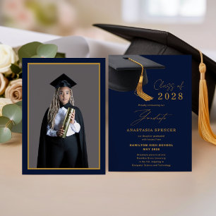Anuncio Graduación Elegante Azul Dorado con Foto