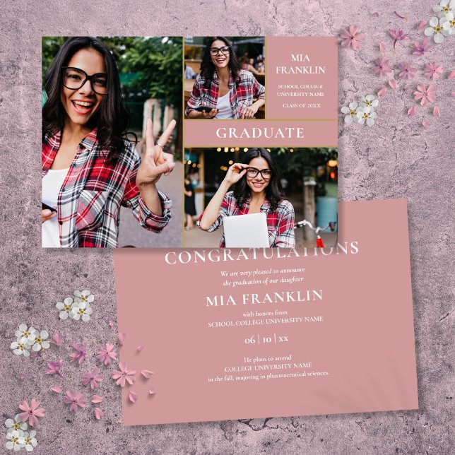 Anuncio Graduación en Dusty Rose Gold Graduate 3 Foto (Dusty Rose Gold Graduate 3 Photo Graduation Announcement)