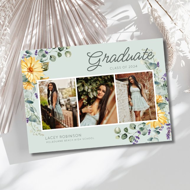 Anuncio Graduación escolar de Wildflower 3 Photo Chica (Wildflower 3 Photo Girl High School Graduation Announcement)
