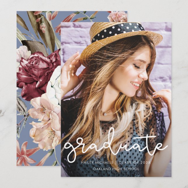 Anuncio Graduación floral de bonito Dusty Blue Photo (Anverso / Reverso)