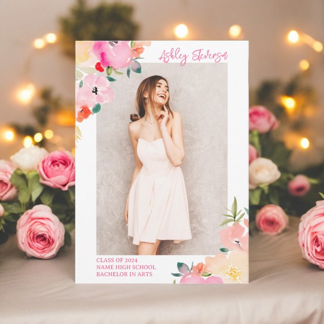 Anuncio Graduación floral del jardín de moda boho rosa pri (Spring pink boho chic garden floral graduation announcement)
