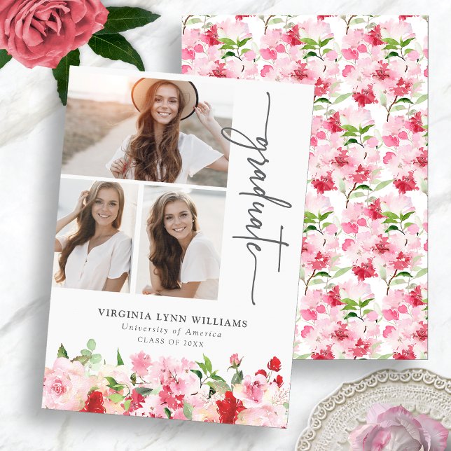 Anuncio Graduación Floral Rosa Rojo (Red Pink Floral Graduation Announcement with Photo Collage by Painted Paperie
)