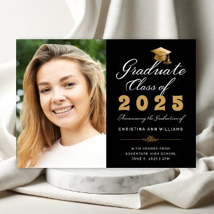 Anuncio Graduación Foto Black Gold Script Class de 2023