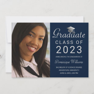 Anuncio Graduación Foto Blue Silver Grad Cap Script 2023