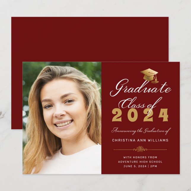 Anuncio Graduación Foto Red Gold Script Clase de 2023 (Anverso / Reverso)