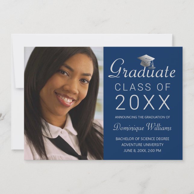 Anuncio Graduación Foto Silver Cap Script 2025 Royal Blue (Anverso)