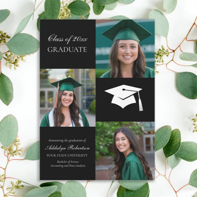 Anuncio Graduación fotográfica de la Universidad de Black  (Elegant black 3-photo graduation announcement)