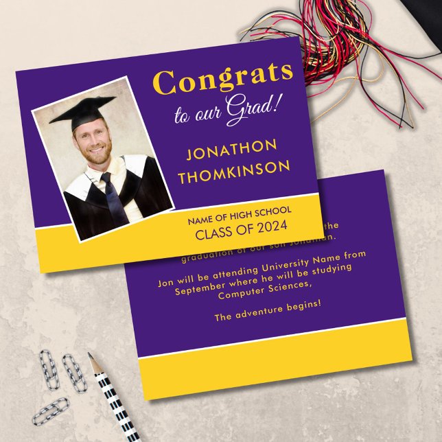 Anuncio Graduación Grad Photo Purple Yellow 2025 (front and back view)