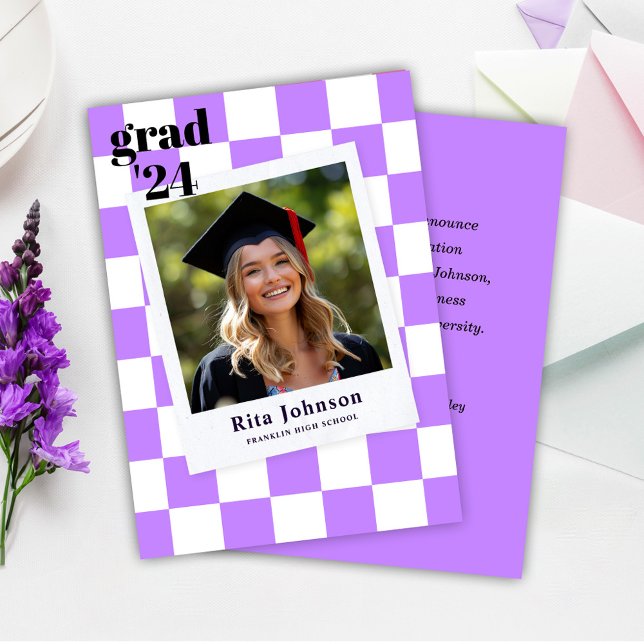 Anuncio Graduación Graduada De Diseño De Fotografía Gradua (Purple Modern Stylish Photo Checkered Graduation Announcement)