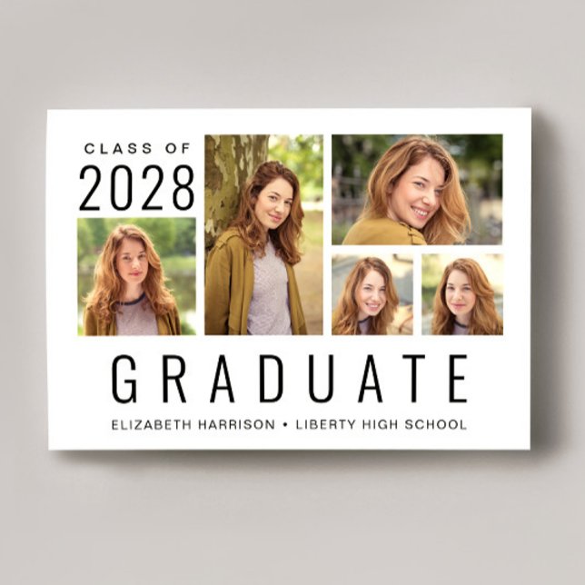 Anuncio Graduación mínima moderna de 5 Collages de fotos (Cherish the milestone: share your graduate's achievement with a custom photo graduation announcement)