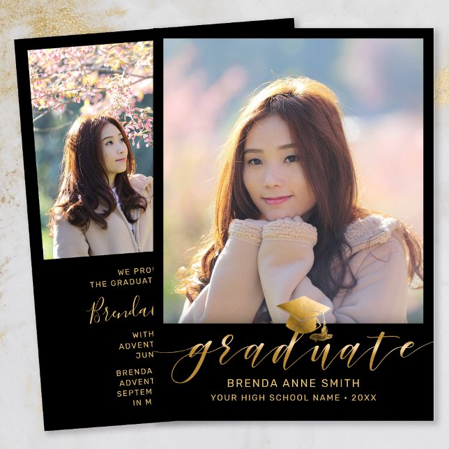 Anuncio Graduación moderna 2 foto cápsula de oro sobre neg (Modern Two Photo Gold Script on Black Graduation Announcement)