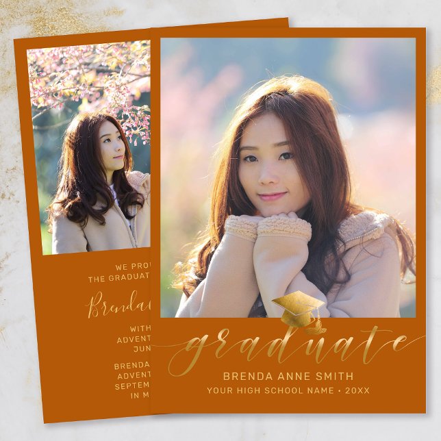 Anuncio Graduación moderna 2 Foto Naranja de tapón con gui (Modern Two Photo Gold Script on Orange Graduation Announcement)