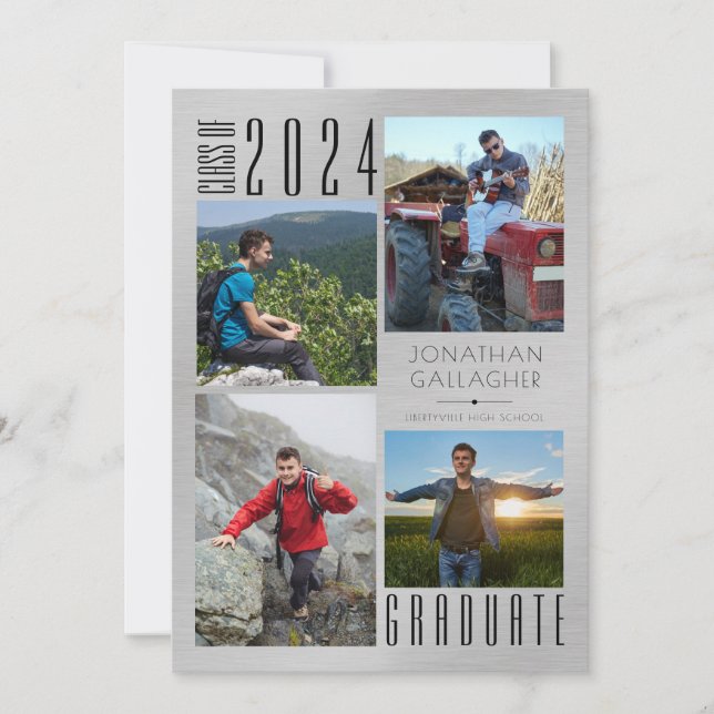 Anuncio Graduación moderna Cuatro fotos de plata cepillada (Anverso)