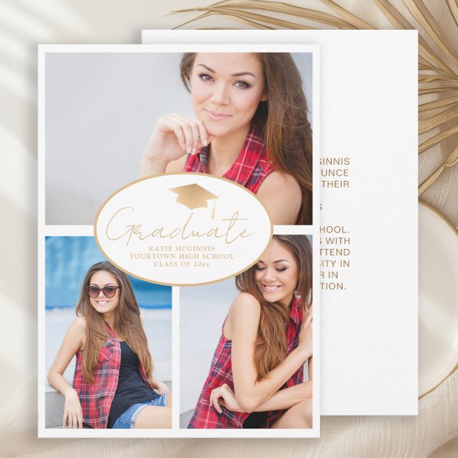 Anuncio Graduación moderna de 3 fotos en oro blanco (White and gold 4 photo graduation announcement)