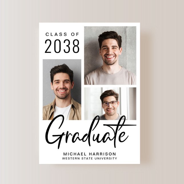 Anuncio Graduación moderna de 3 guiones fotográficos (A modern photo graduation announcement to celebrate the graduate's achievements)