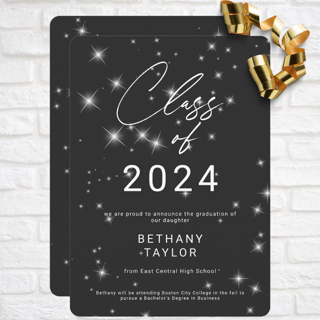 Anuncio Graduación moderna de carbón vegetal negro y blanc (Modern Charcoal Black & White Sparkle Graduation Announcement)