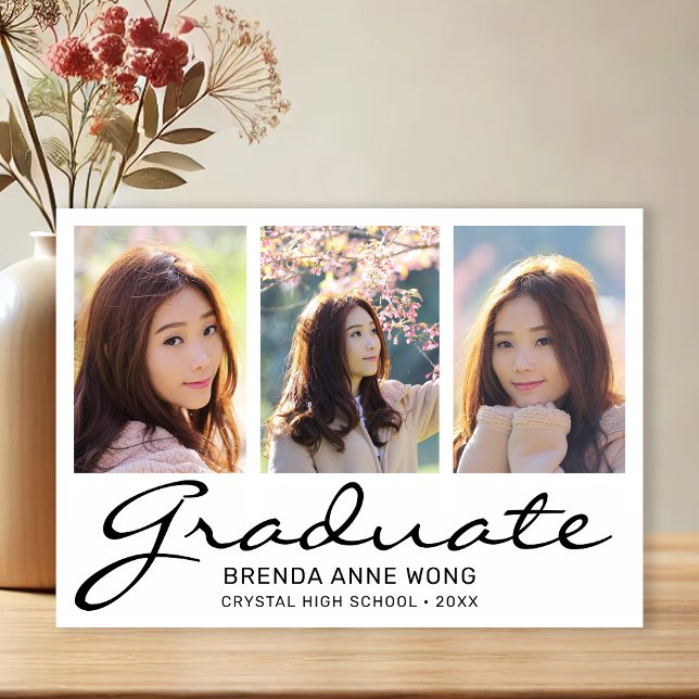 Anuncio Graduación moderna de escritura negra de 3 Collage (Modern 3 Photo White with Black Script Graduation Announcement)