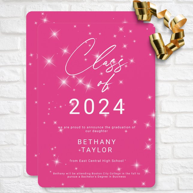 Anuncio Graduación moderna de espuma blanca y rosa calient (Modern Hot Pink & White Sparkle Graduation Announcement)