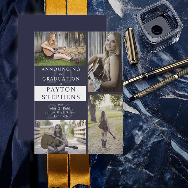Anuncio Graduación moderna de fotografía azul oscuro y ele (Classy Modern Dark Blue Photo Graduation Announcement - Print | Digital Download)