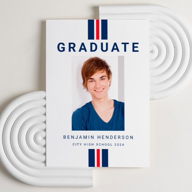 Anuncio Graduación moderna de fotografía azul rojo (Modern Red Blue Photo Graduation Announcement)