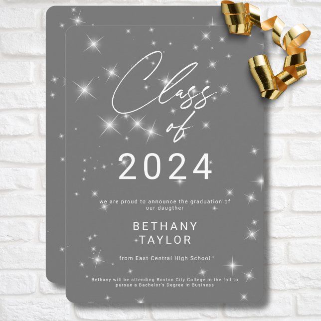 Anuncio Graduación moderna de gris y centelleo blanco (Modern Silver Gray & White Sparkle Graduation Announcement)