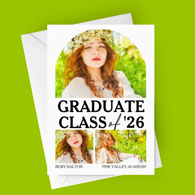 Anuncio Graduación moderna de la ventana arqueada (Arched Window Modern Graduation Announcement Card | 4 Photos )
