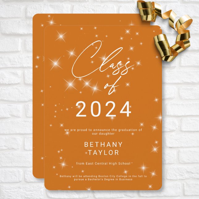 Anuncio Graduación moderna de Naranja y espuma blanca (Modern Orange & White Sparkle Graduation Announcement)
