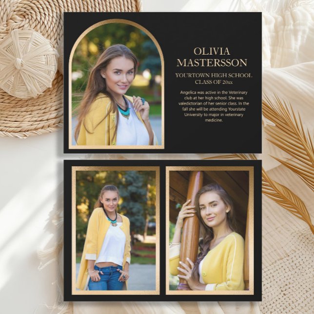 Anuncio Graduación moderna del Arco de Oro Negro 3-Foto (Modern, elegant black and gold 3-photo graduation announcement card)