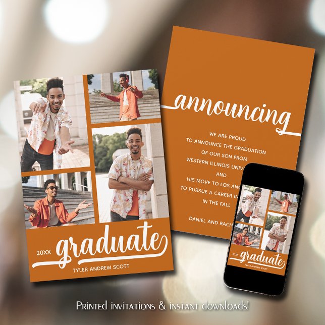 Anuncio Graduación Naranja Quemada Moderno 4 Fotos (Modern 4 photo collage burnt orange graduation announcements)