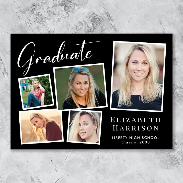 Anuncio Graduación negra de Collage de fotos moderno (Cherish the milestone: share your graduate's achievement with a custom photo graduation announcement)