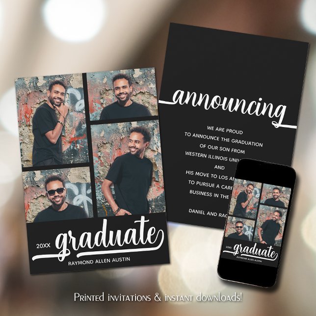 Anuncio Graduación negra moderna de 4 Collages de fotos (Modern 4 Photo Collage Black Graduation Announcements)