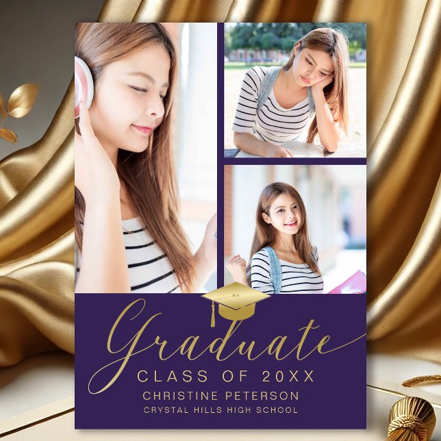 Anuncio Graduación púrpura moderna de guión de 4 Collages  (Modern 4 Photo Collage Purple and Gold Graduation Announcement)