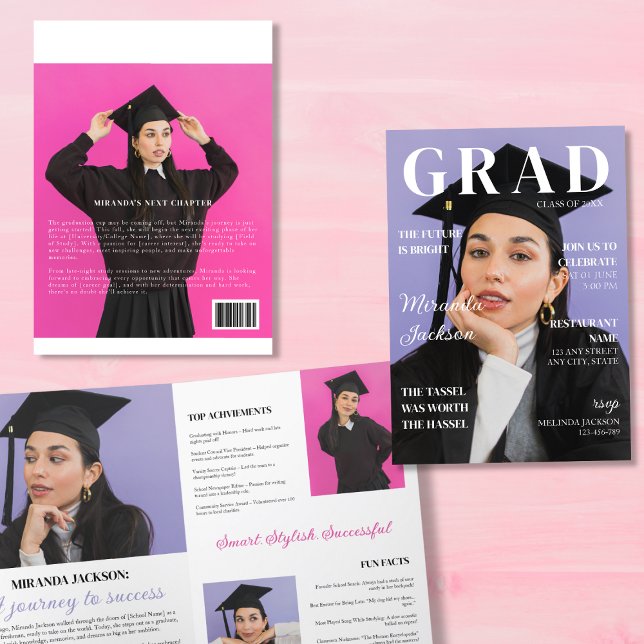 Anuncio Graduación Revista Folleto 4 páginas Diversión mod (Graduation Magazine Booklet 4 Pages Fun Modern Announcement)