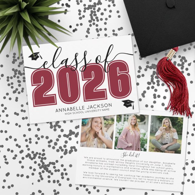 Anuncio Graduación roja simple de Collage de fotos graduad (Simple Graduate Photo Collage Red Graduation Announcement)