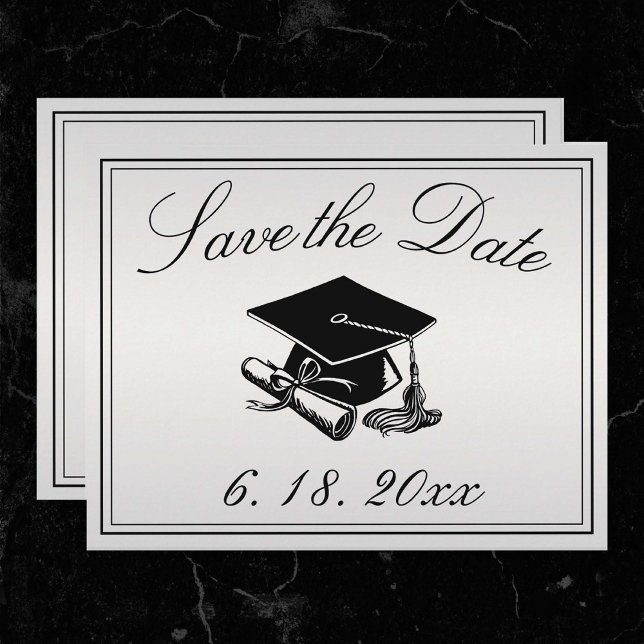 Anuncio Graduación Silver Black Cap Diploma Save the Date (Silver Save the date Graduation Announcement)