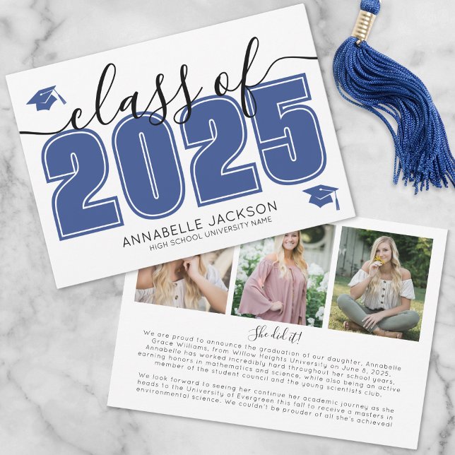 Anuncio Graduación simple de guiones de grado Foto Graduac (Simple Script Graduate Photo Blue Graduation Announcement )
