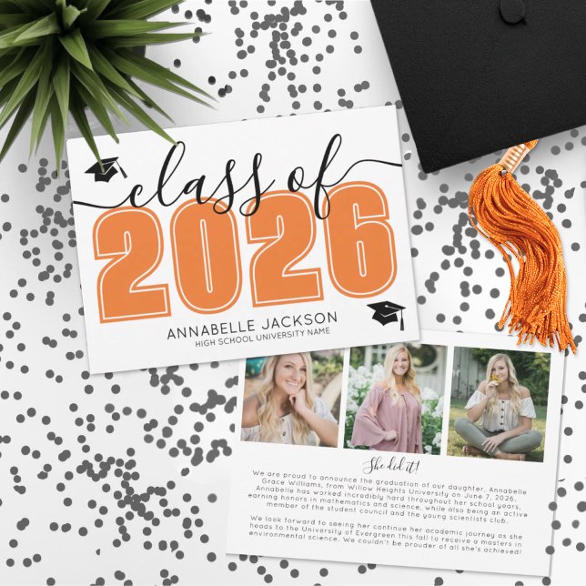 Anuncio Graduación simple de Naranja de Collage de fotos d (Simple Graduate Photo Collage Orange Graduation Announcement )